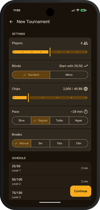 Setup screen showing tournament configuration options.